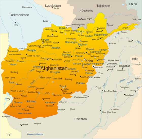 Map of Afghanistan, the site of travel stories and travel adventures of the memorable kind. (Image © Rusian Olinchuk/Hemera.)