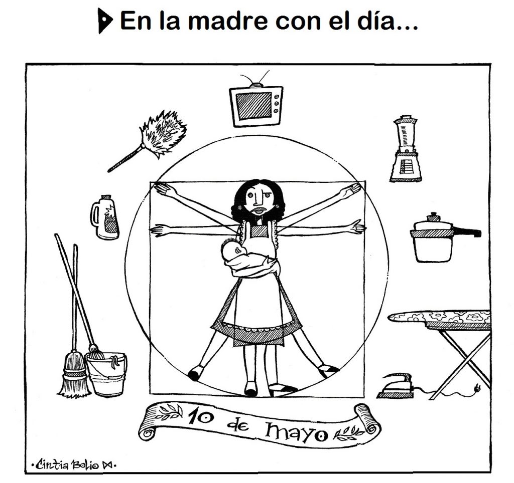 A cartoon of a woman in the same design as Da Vinci's "Vitruvian Man" with items representing household chores and childcare around her, drawn by Cintia Bolio, a Mexican cartoonist fighting gender stereotypes. (image © Cintia Bolio).
