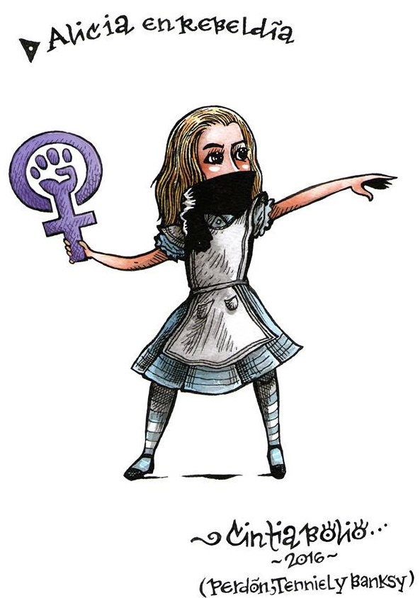 The character Alice from Alice in Wonderland wearing a gag and holding a weapon that looks like an angry fist inside of the female symbol, drawn by Cintia Bolio, a Mexican cartoonist to fight gender stereotypes. (image © Cintia Bolio)
