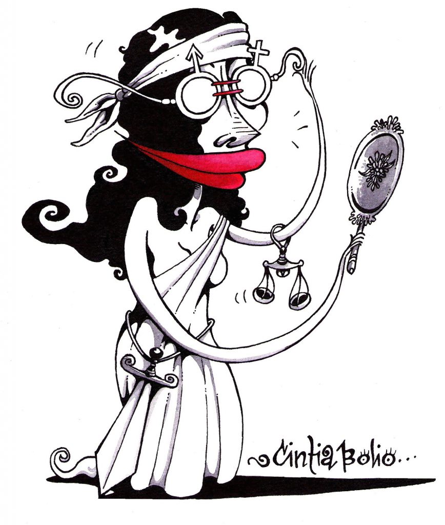 A cartoon of a Lady Justice without her blindfold and looking through glasses of gender equality with one lens in the shape of the male symbol and the other in the shape of the female symbol, drawn by Cintia Bolios, a Mexican cartoonist fighting gender stereotypes. (image © Cintia Bolio)