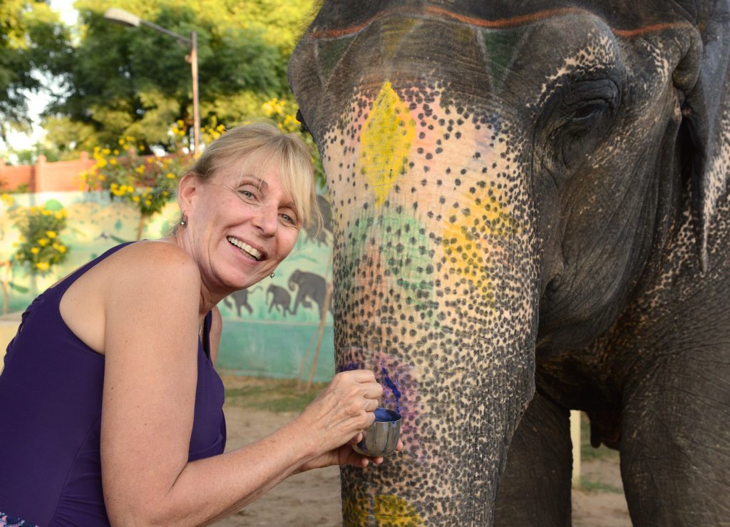 Smiling Lauren Gezurian paints her elephant at Eleday in Jaipur, India, a sanctuary for elephants offering travel adventures for tourists. (Image © Meredith Mullins.)