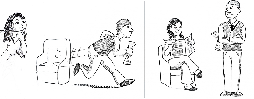 A cartoon strip of a woman taking the chair of a man who left his seat, showing how visual wordplay with Spanish and English proverbs tickles the bilingual brain. (image © Eva Boynton).