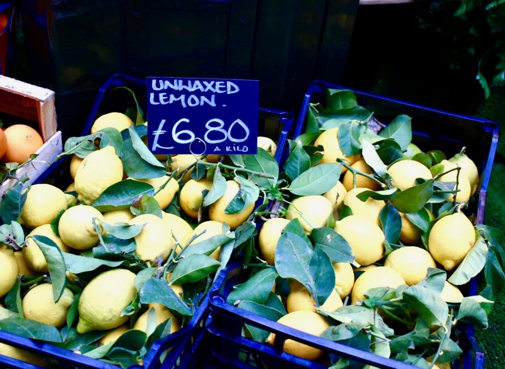 Fresh lemons at Borough Market inspire wanderlust for an English holiday ramble. (Image © Joyce McGreevy)
