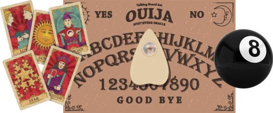 Tarot cards, ouija board, and magic 8 ball, all ways to tell the future in addition to the proverbs and sayings of fortune cookies. (Image © DrawbyDar/iStock, Pablofdezr/iStock, Montego666/iStock.)