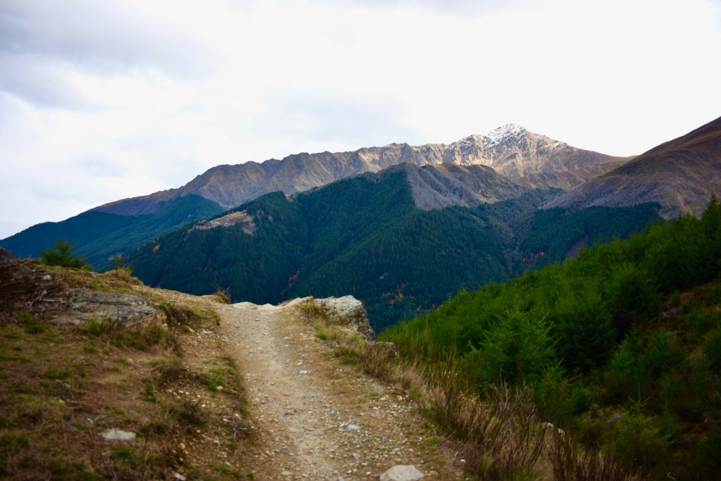 Walking pathway in Queenstown Hill’s rugged terrain challenges visitors who are walking New Zealand. (Image © Joyce McGreevy)