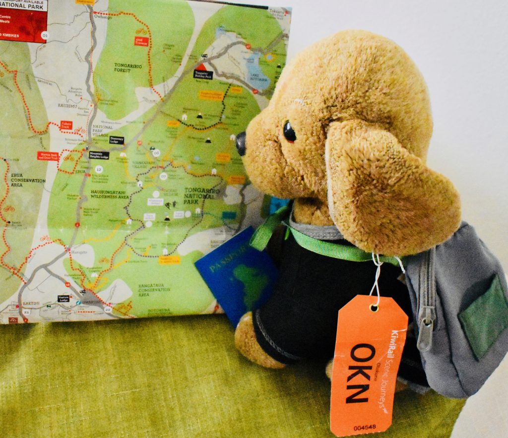 A toy dog and a map of Ohakune, Ruapehu evokes memories of a New Zealand travel adventure. (Image © Joyce McGreevy)