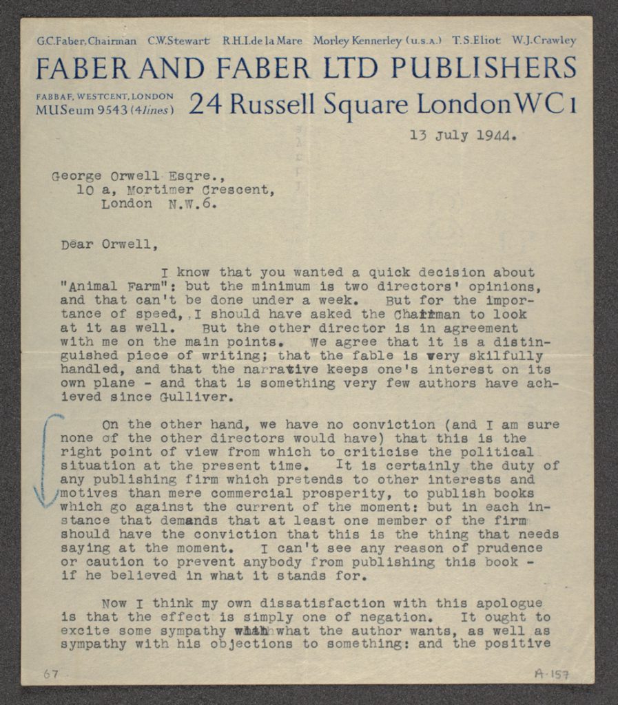 A rejection letter by T.S. Eliot to George Orwell, reflecting England's literary and cultural heritage, as archived at the British Library. 