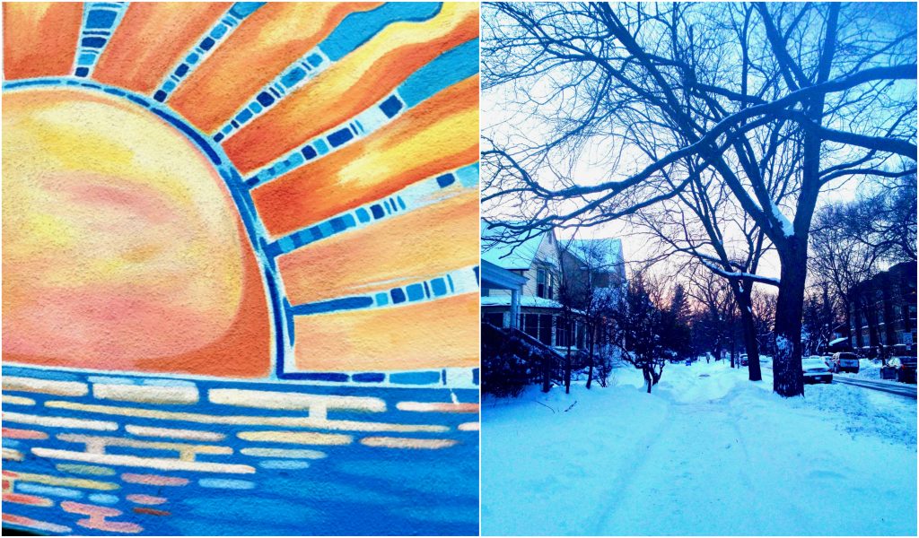 Street art in Santa Monica, California and a snowy street scene in Evanston, Illinois show why walking is a great way of seeing the world close up. (Image @ Joyce McGreevy)