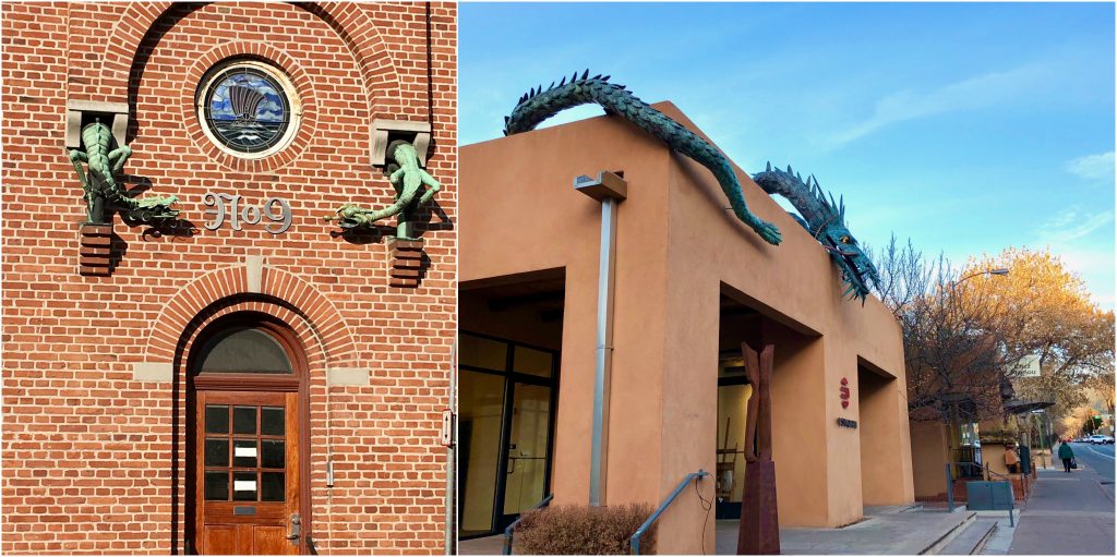 Dragon statues in Aarhus, Denmark and Santa Fe, New Mexico show why walking is a great way of seeing the world close up. (Image @ Joyce McGreevy)