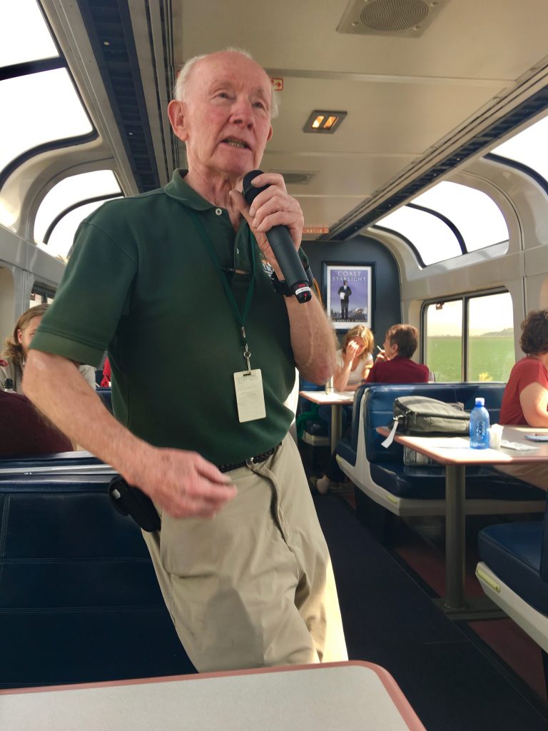 National Park Service guide Don Chalfant, seen here on the Coast Starlight, inspires aha moments with Trails & Rails tours. (Image © Joyce McGreevy)