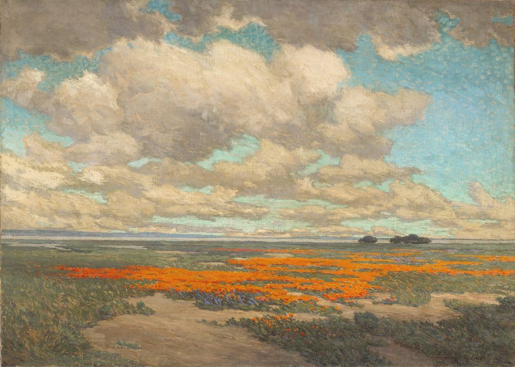 Granville Redmond's oil painting, A Field of California Poppies (1911), inspires a California traveler with aha moments. (Public domain image)