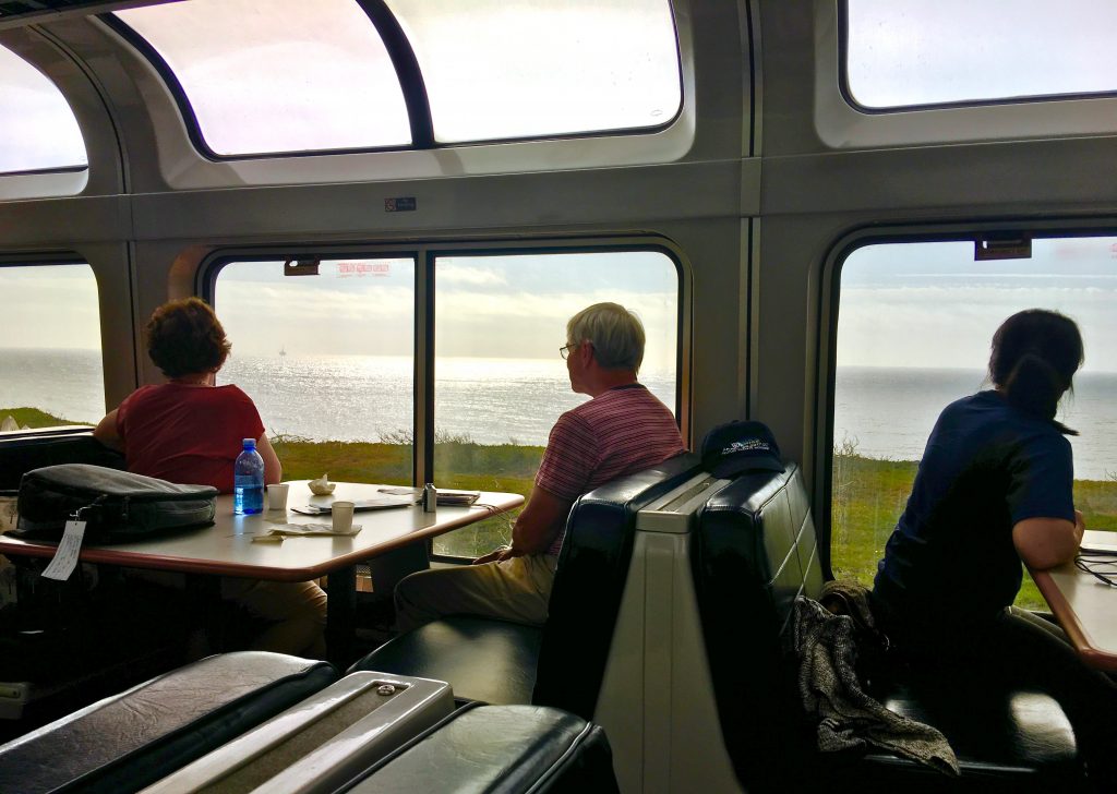 Passengers on Amtrak's Coast Starlight gaze at the Pacific Ocean, as a Trails & Rails tour guide's commentary inspires aha moments. (Image © Joyce McGreevy)