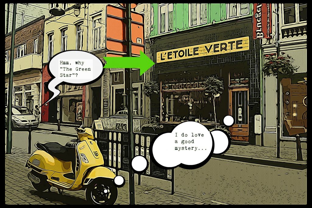 A street scene in Brussels, with yellow motorbike and "L'Etoile Verte" sign, inspires ideas for comic-book art, a cultural tradition in Belgium. (Image © Joyce McGreevy)