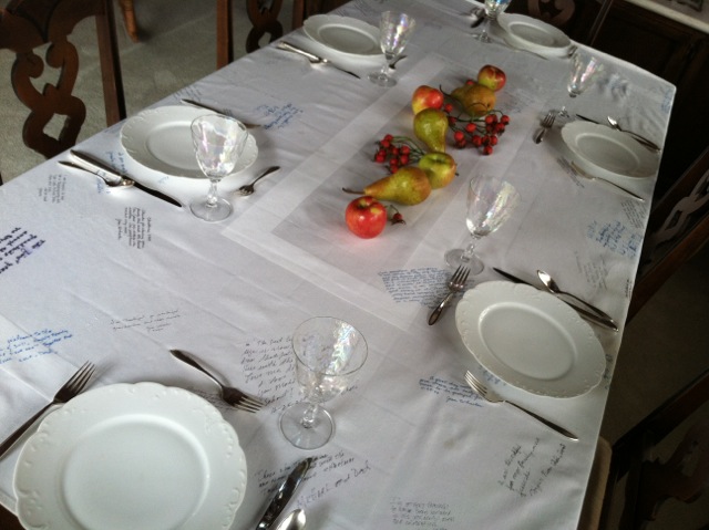 Table set with a Thanksgiving tablecloth showing a record of life's changes