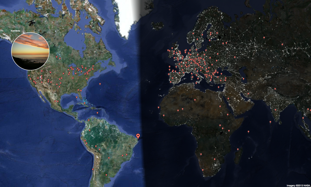 World map showing sunsets crowdsourced for the Virtual Sunset project from the creative expression of global photographers