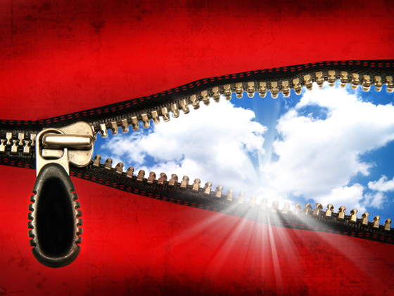Sky showing behind zipper, illustrating firsts that can occur when you show courage of conviction