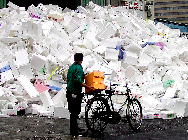 pile of Styrofoam outside the Tokyo Fish Market, showing the need for innovative ideas to create plastic alternatives