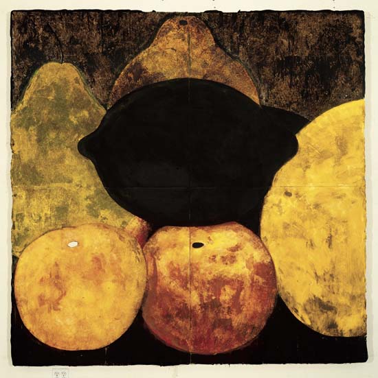 Fruit and black lemon in a painting that provides creative inspiration from Donald Sultan