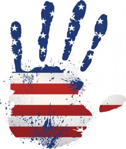 Handprint with US flag motif, illustrating how each American leaves a mark on the American freedoms celebrated on the Fourth of July