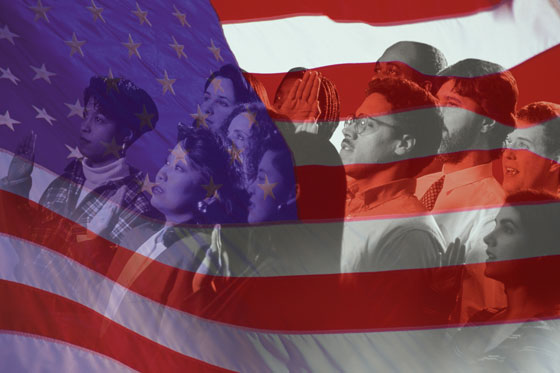 Different Americans pledge allegiance to the US flag in honor of the American freedoms celebrated on the Fourth of July