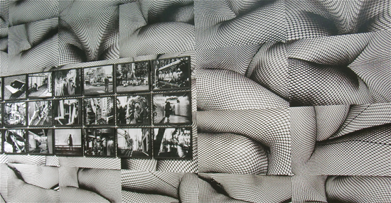 Black and White installation by Daido Moriyama, including a fishnet frame and enlarged contact sheets, offering creative inspiration for black and white photographers