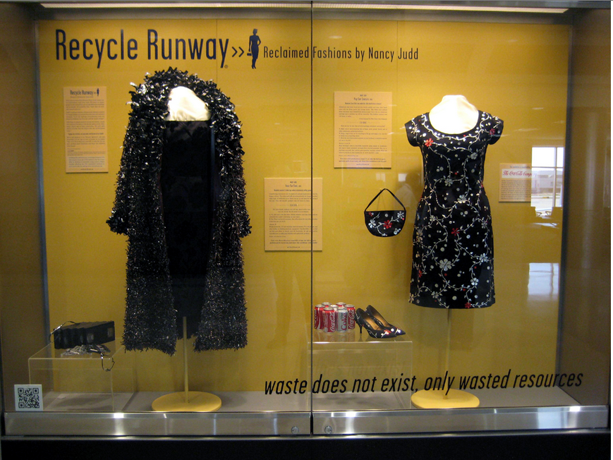 Atlanta airport display, showing the clever ideas in Nancy Judd's recycled fashion