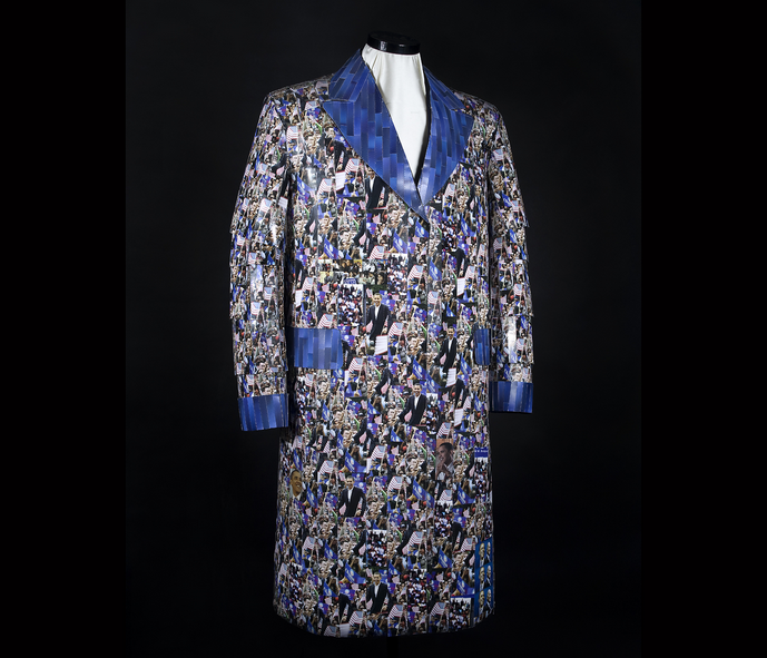 Obamanos Coat, showing the clever ideas in Nancy Judd's recycled fashion