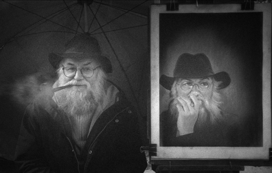 Bearded street artist and self-portrait, creative inspiration in black and white photography