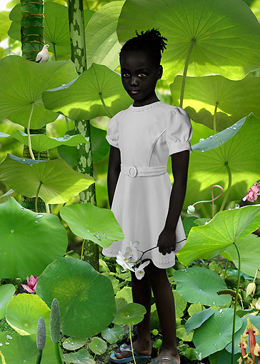 young black girl in white dress in tropical wonderland, creative inspiration from Ruud Van Empel