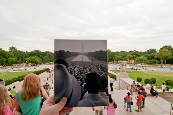 Two views of the National Mall in Washington D.C., the inset by Warren K. Leffler at the 1963 March on Washington and the composite by Jason E. Powell. On this site Martin Luther King, Jr., spoke up for civil rights and inspired people to pay it forward. (With appreciation to the Library of Congress Prints and Photographs Division, U.S. News & World Report Magazine Collection for the historical photo)