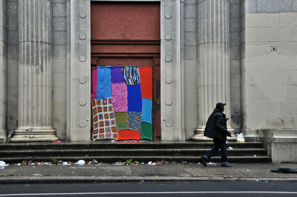 Front Street in Pittsburg where a yarn bomber' Jessie Hemmon's showing artistic expression becomes public art. Image © Damon Landry/damonabnormal