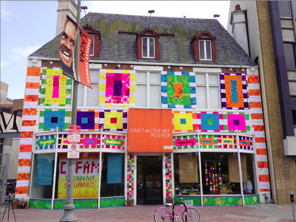 Artistic expression of yarn bombing at LA's Craft and Folk Art Museum in a creative public art project. Image © Yarn Bombing Los Angeles