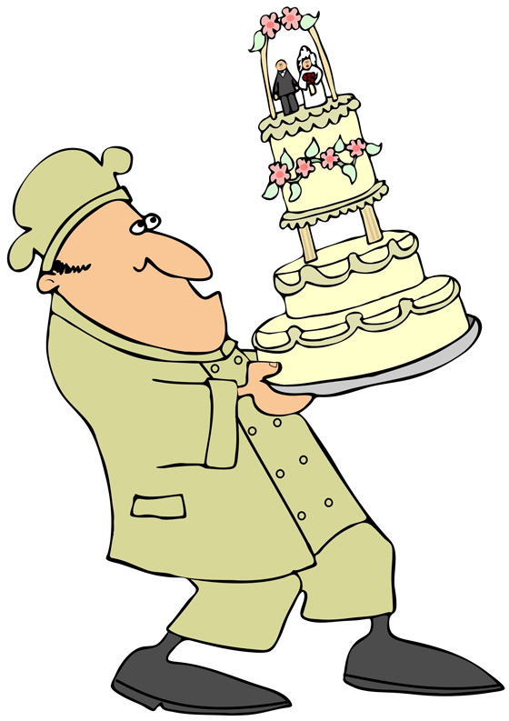 Baker holding a wedding cake, illustrating the tradition