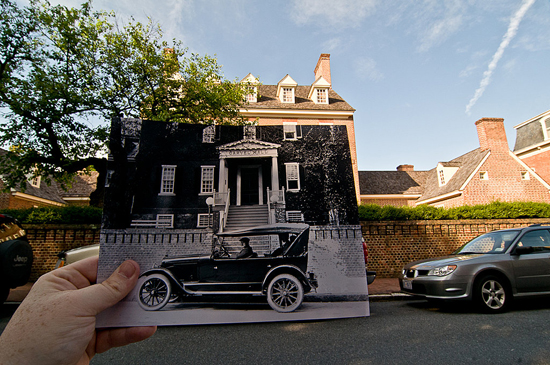 Carvel Hall in Annapolis, Maryland, with old photo and new car—from a creative photography series about past meets present (Image © Jason Powell)