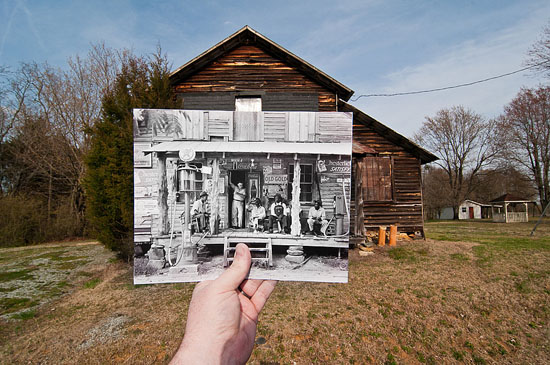Country store with people on front porch in old photo, part of a creative photography series about past meets present. (Image © Jason Powell)
