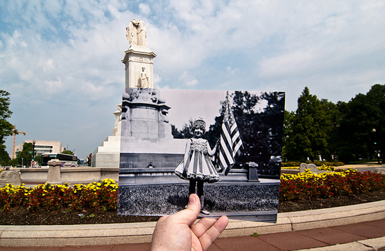 Child holding flag in old photograph at the Peace Monument in Washington D.C.—from a creative photography series about past meets present (Image © Jason Powell)