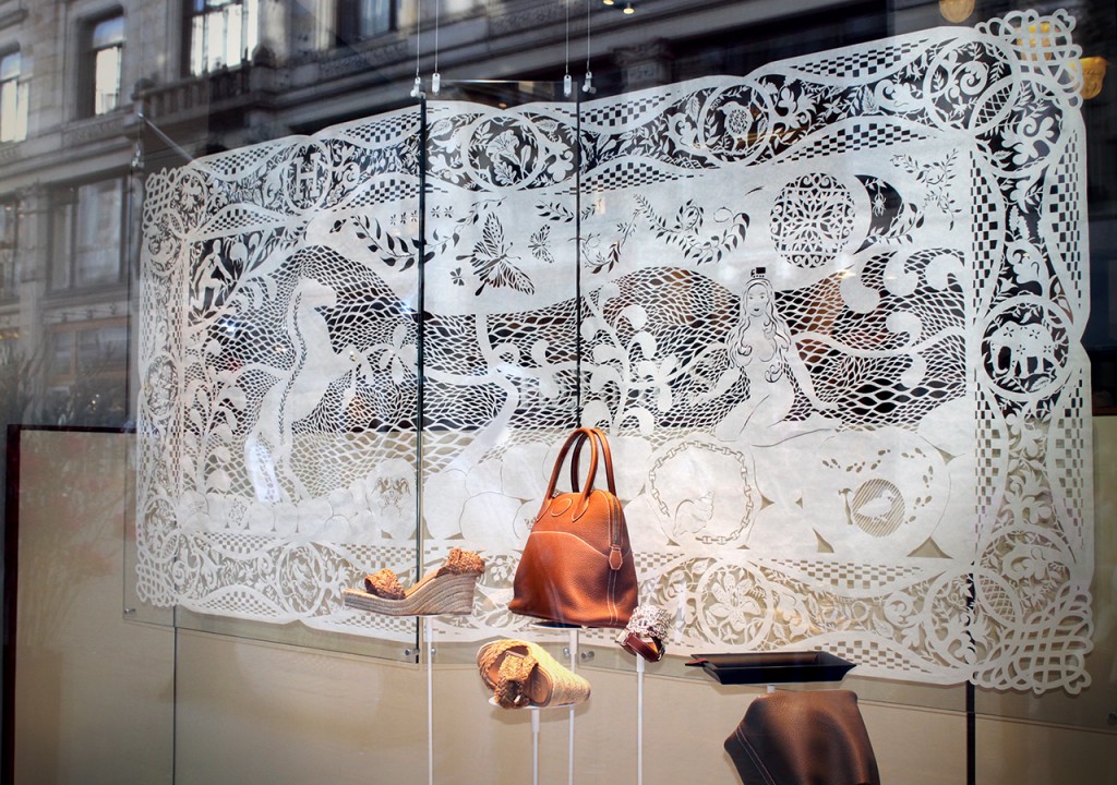 Hermès display, showing the artistic expression of Ken Bit Vejle's cut paper art. (Image courtesy Karen Bit Vejle)