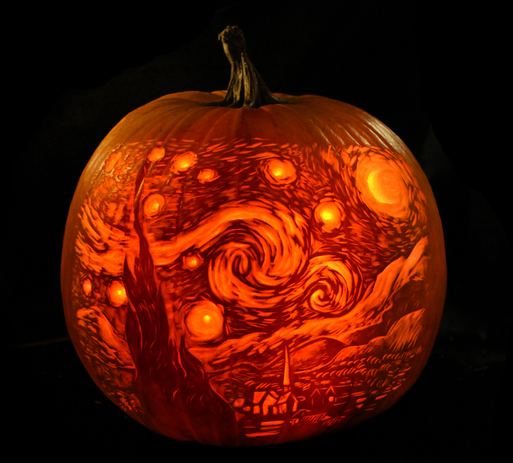 Van Gogh's Starry Night, creative expression in pumpkin carving by Maniac Pumpkin Carvers
