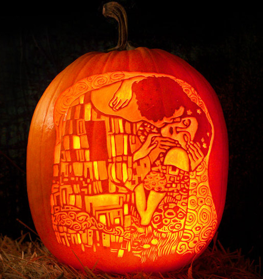 Klimt's The Kiss, creative expression in pumpkin carving by Maniac Pumpkin Carvers