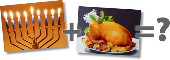 Menorah and turkey equation, crossing cultures of Hanukkuh and Thanksgiving by creating Thanksgivikkuh and the Menurkey