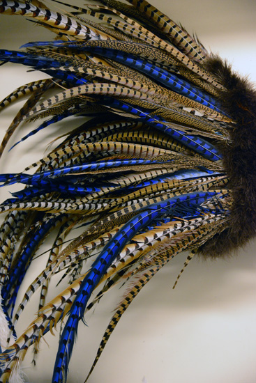 Brown and blue feathers, waiting for a feather master at the Lido in Paris, a job that allows for living life to the fullest. (Photo © Meredith Mullins)