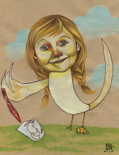 pigtailed girl/goose with shovel, creative expression that shows the art of sharing and creative collaboration (Drawing © Mica and Myla Hendricks)