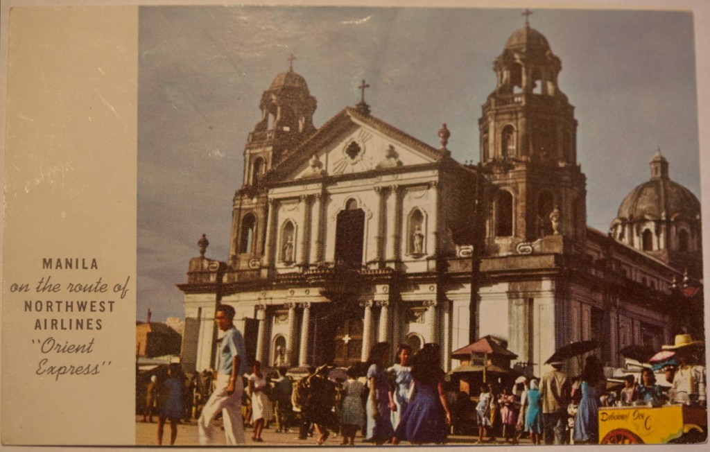 Vintage postcard showing a Basilica in Manila, at a vintage paper fair for collectors of ephemera (Photo of the postcard © Erick Paraiso)