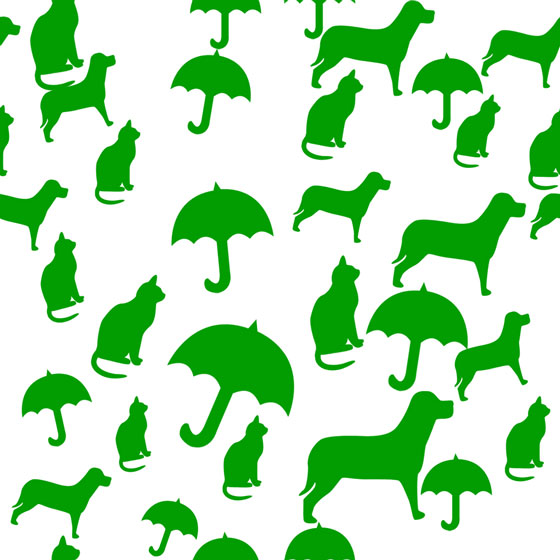 Graphic pattern of silhouetted cats, dogs, and umbrellas, symbolizing rain sayings from different languages (© Bruce Rolff / Hemera)