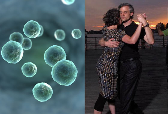 Microscopic cells next to a couple dancing the Argentine tango, illustrating an unexpected connection between two life passions. (Images © tagota / Thinkstock (L) and © Alejandro Puerta (R))