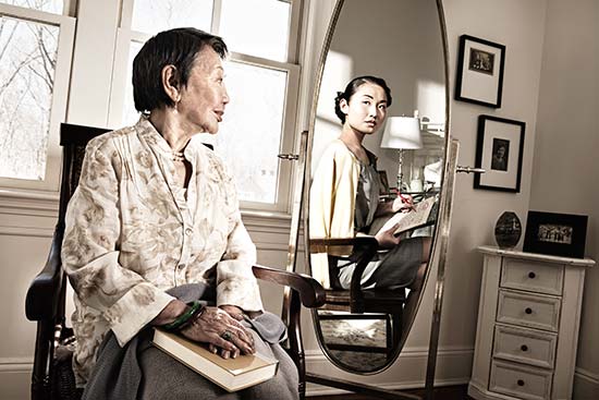 Korean teacher reflected in mirror as younger self, one of a series of creative pictures by Tom Hussey on aging. (Photo © Tom Hussey)