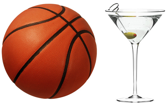A basketball and a martini, representing a mnemonic device that serves as a life hack to remember if a name is spelled with an i or a y.