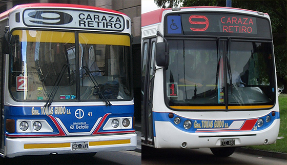 Two Buenos Aires buses, one showing the use of vintage fonts as design inspiration and the other showing digital fonts for clarity and utility.