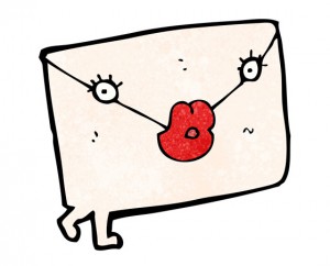 Cartoon of an envelope with eyes, red lips, and legs, carrying a message of love for Valentine's Day. (Image © lineartestpilot / iStock)