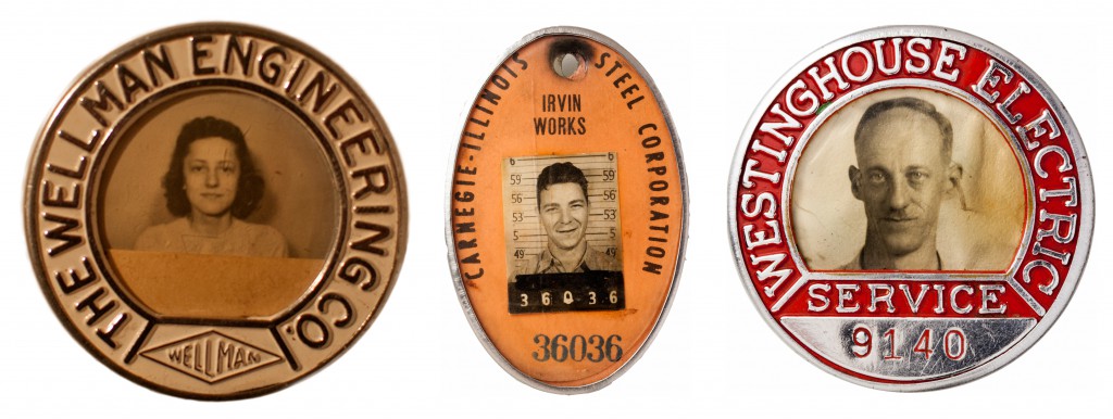 Worker's badges that include vintage portraits, hinting at lost life stories of the American worker. (Images courtesy of Ricco/Maresca Gallery)